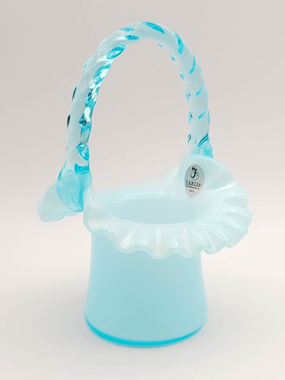 Vintage Fenton Blue Overlay Ruffled Edge Top Hat Glass Basket 6"